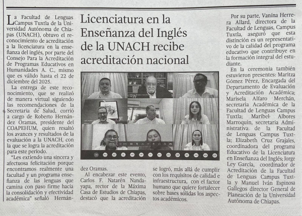 Licenciatura en la Enseñanza del Inglés de la UNACH  recibe acreditación nacional